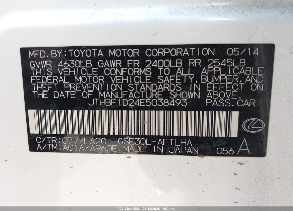 2014 LEXUS IS 250 VIN: JTHBF1D24E5038493