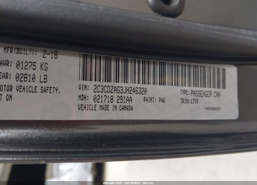 2018 DODGE CHALLENGER VIN: 2C3CDZAG3JH246320