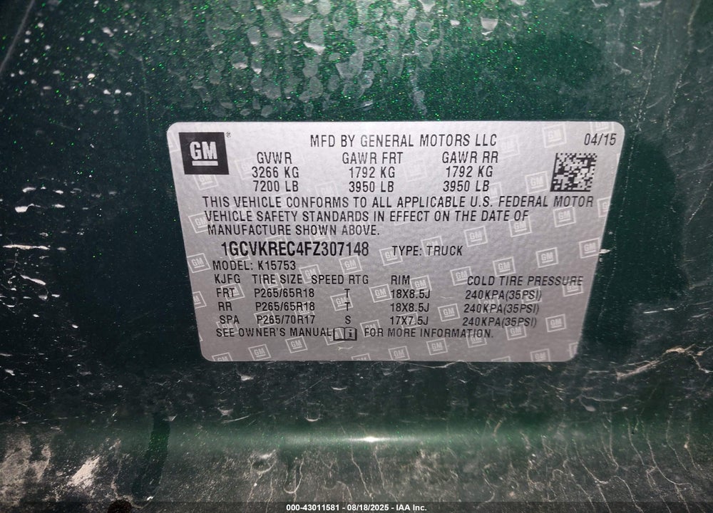 2015 CHEVROLET SILVERADO 1500 VIN: 1GCVKREC4FZ307148