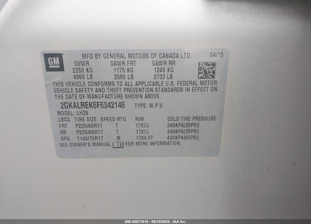 2015 GMC TERRAIN VIN: 2GKALREK6F6342146