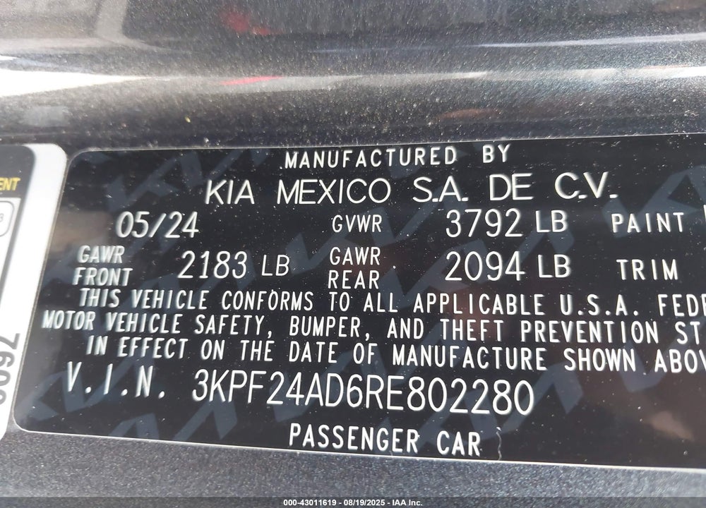 2024 KIA FORTE VIN: 3KPF24AD6RE802280