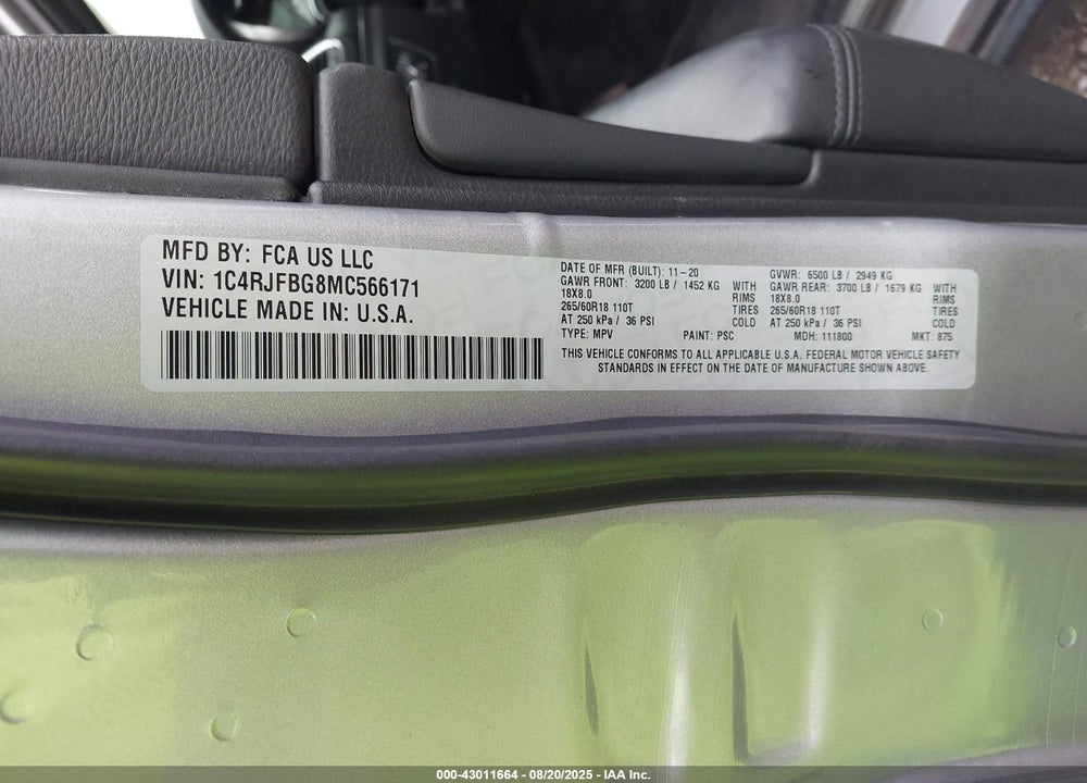 2021 JEEP GRAND CHEROKEE VIN: 1C4RJFBG8MC566171