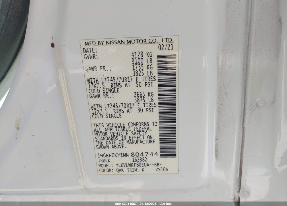 2021 NISSAN NV CARGO NV2500 HD S STANDARD ROOF V6 VIN: 1N6BF0KY1MN804744
