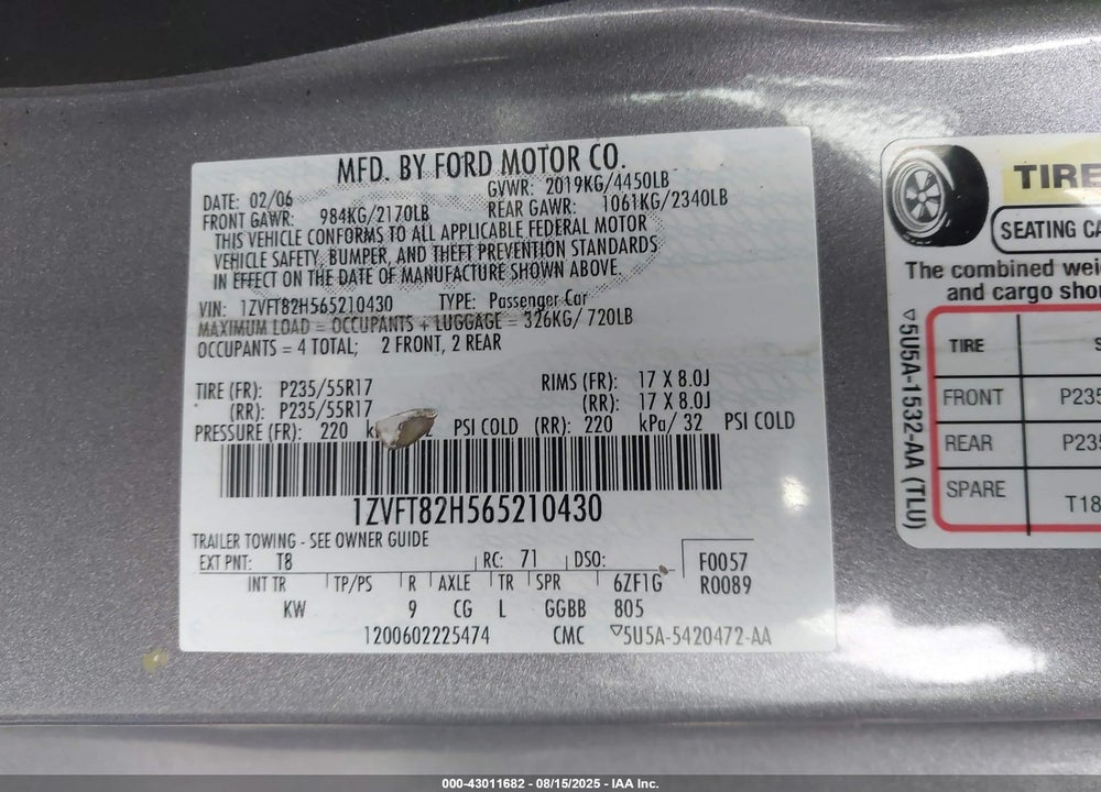 2006 FORD MUSTANG GT VIN: 1ZVFT82H565210430