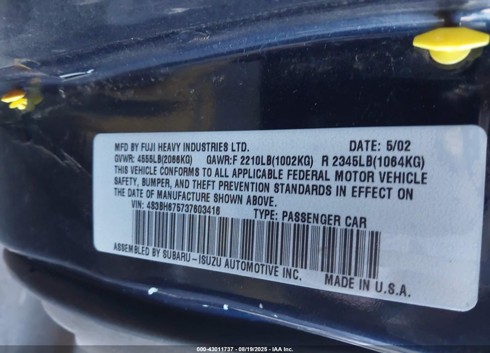 2003 SUBARU OUTBACK VIN: 4S3BH675737603416