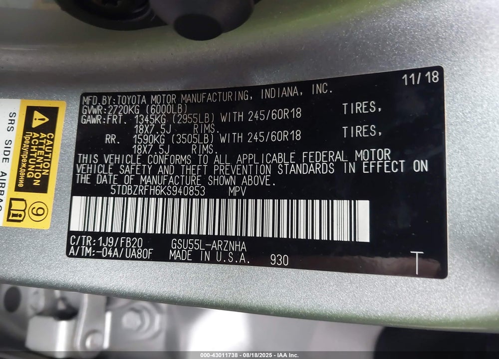 2019 TOYOTA HIGHLANDER VIN: 5TDBZRFH6KS940853