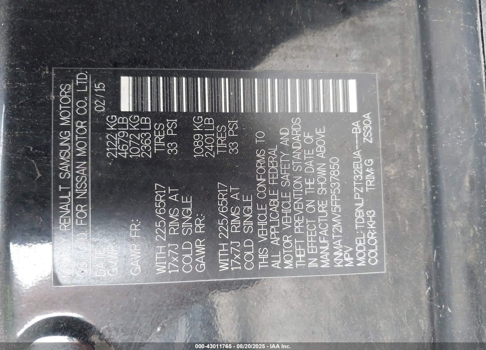 2015 NISSAN ROGUE VIN: KNMAT2MV5FP537850