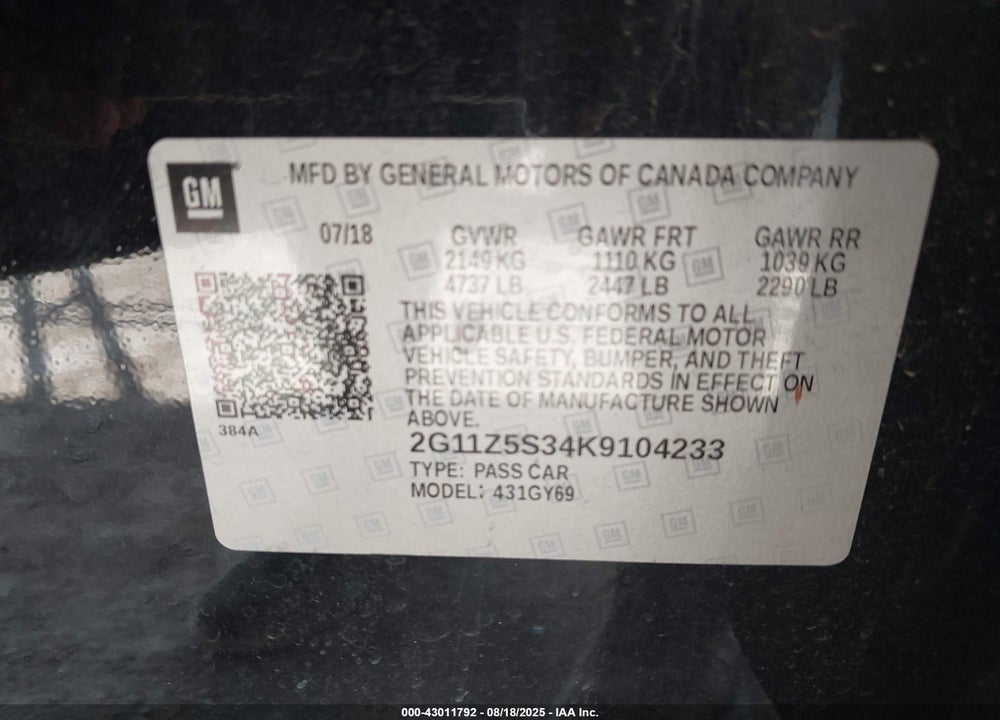2019 CHEVROLET IMPALA VIN: 2G11Z5S34K9104233