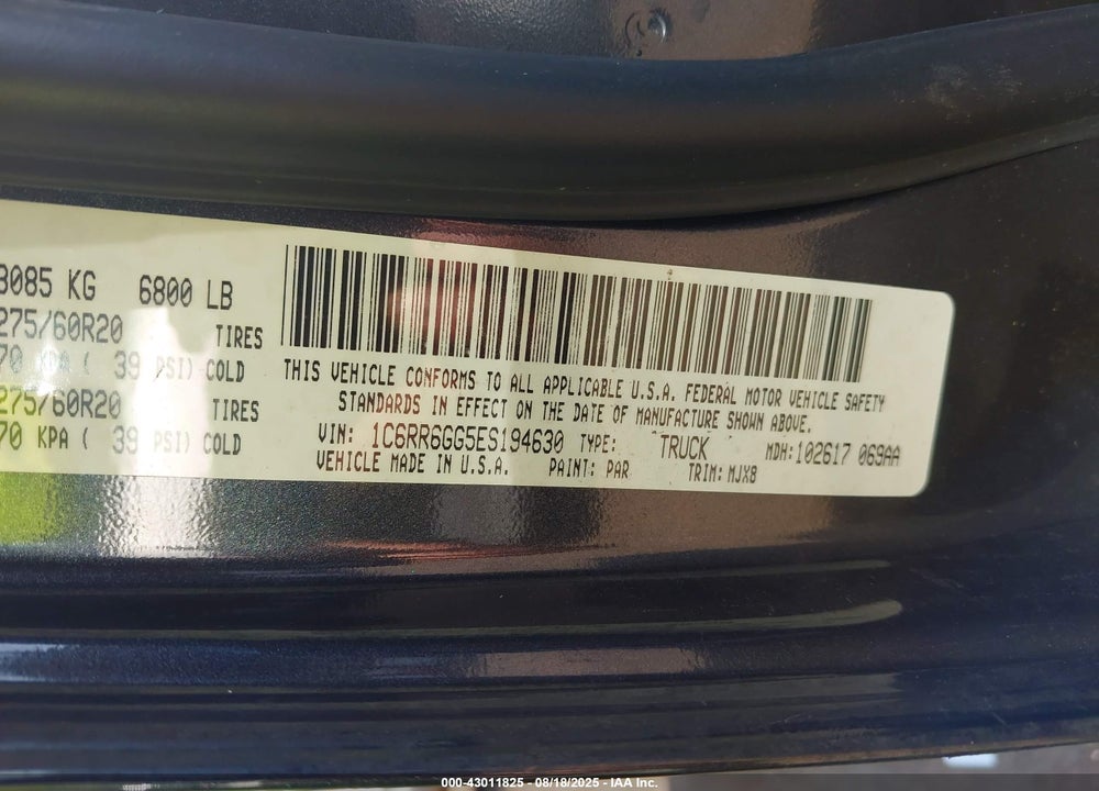 2014 RAM 1500 BIG HORN VIN: 1C6RR6GG5ES194630