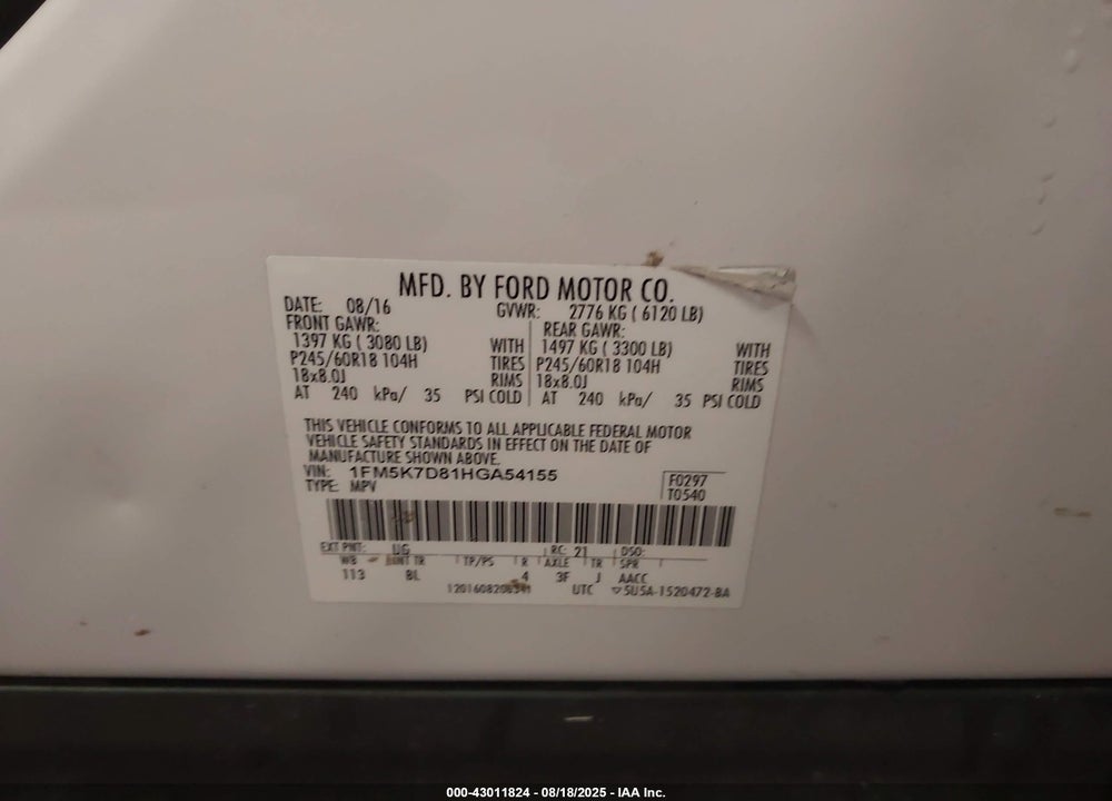 2017 FORD EXPLORER VIN: 1FM5K7D81HGA54155