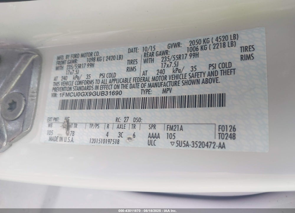 2016 FORD ESCAPE VIN: 1FMCU0GX9GUB31690