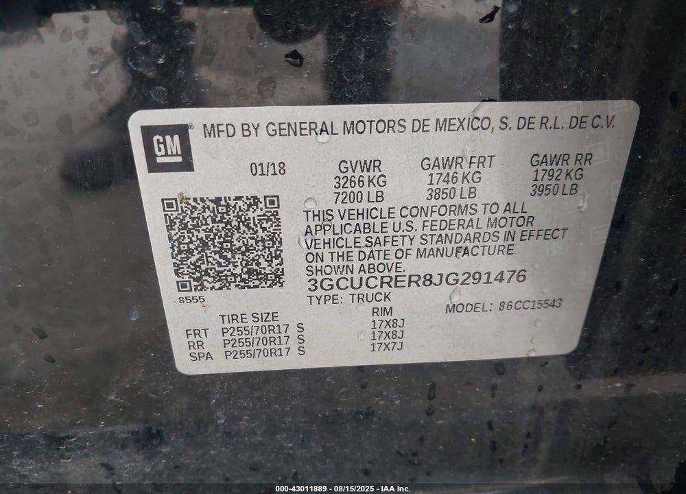 2018 CHEVROLET SILVERADO 1500 VIN: 3GCUCRER8JG291476