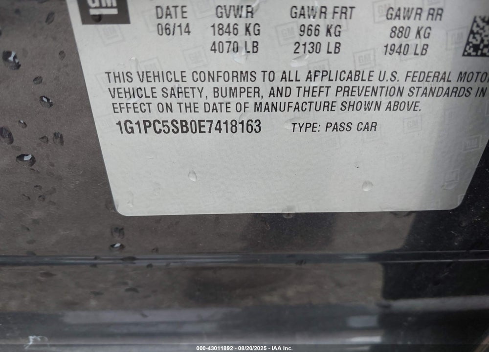 2014 CHEVROLET CRUZE VIN: 1G1PC5SB0E7418163
