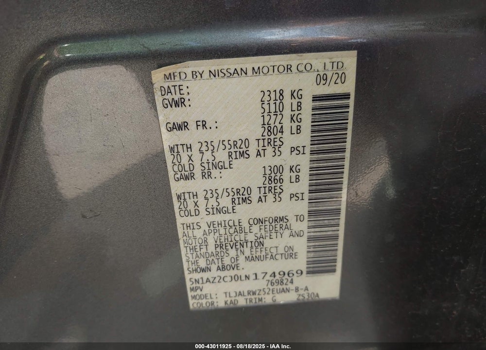 2020 NISSAN MURANO VIN: 5N1AZ2CJ0LN174969