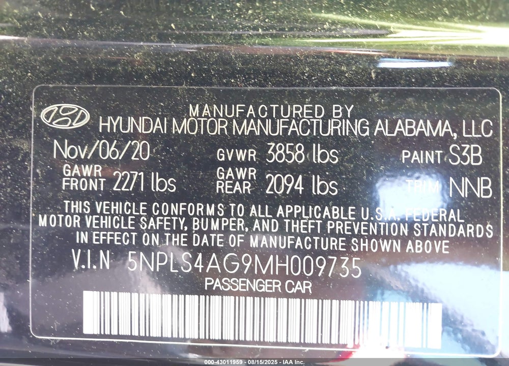 2021 HYUNDAI ELANTRA SEL VIN: 5NPLS4AG9MH009735