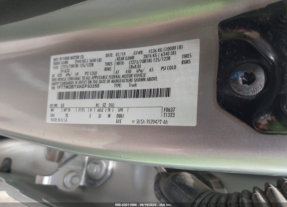 2019 FORD F-250 VIN: 1FT7W2BTXKEF93355