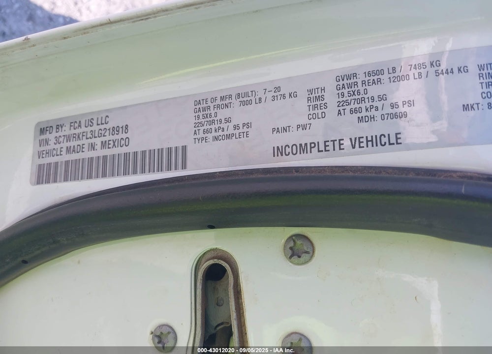 2020 RAM 4500 CHASSIS TRADESMAN/SLT/LAIE/LIMITED VIN: 3C7WRKFL3LG218918