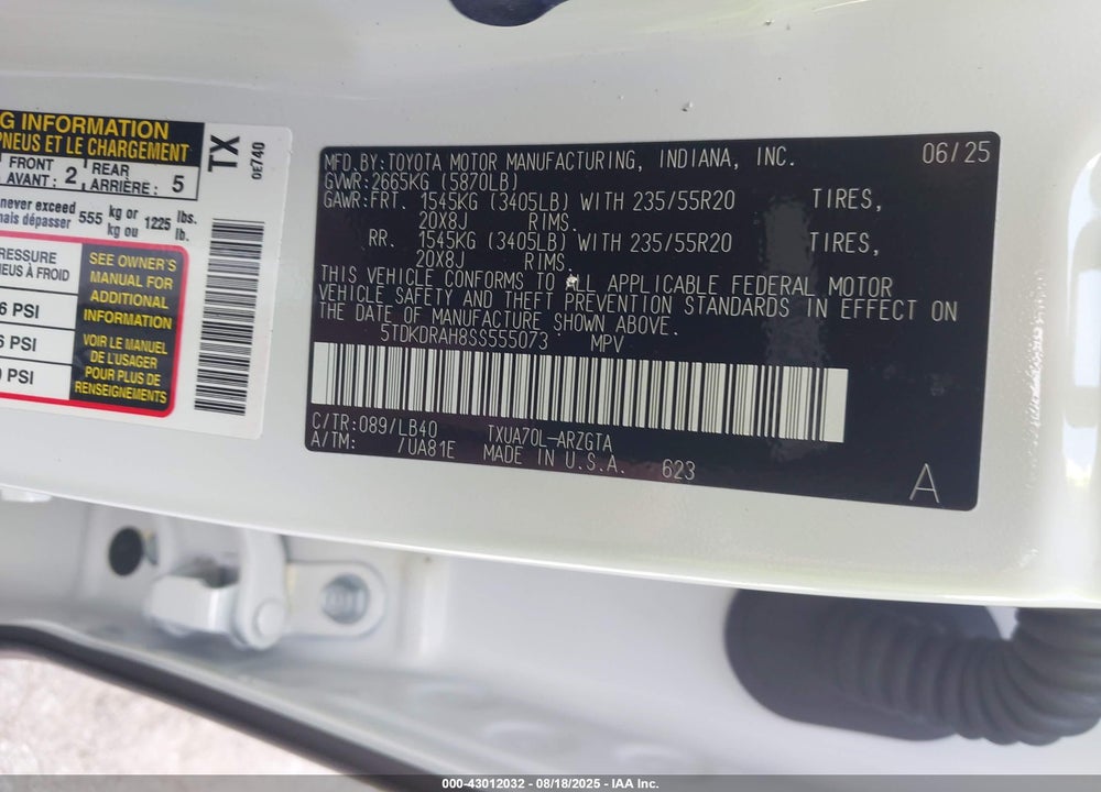2025 TOYOTA HIGHLANDER VIN: 5TDKDRAH8SS555073