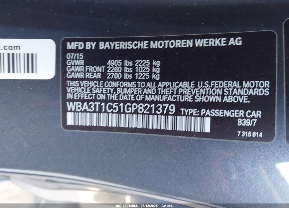 2016 BMW 4 SERIES VIN: WBA3T1C51GP821379