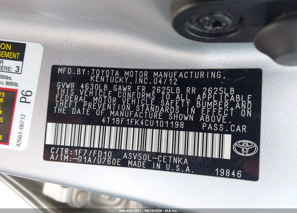 2012 TOYOTA CAMRY VIN: 4T1BF1FK4CU101198