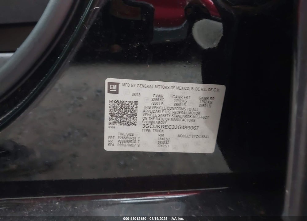 2018 CHEVROLET SILVERADO 1500 2LT VIN: 3GCUKREC3JG499067