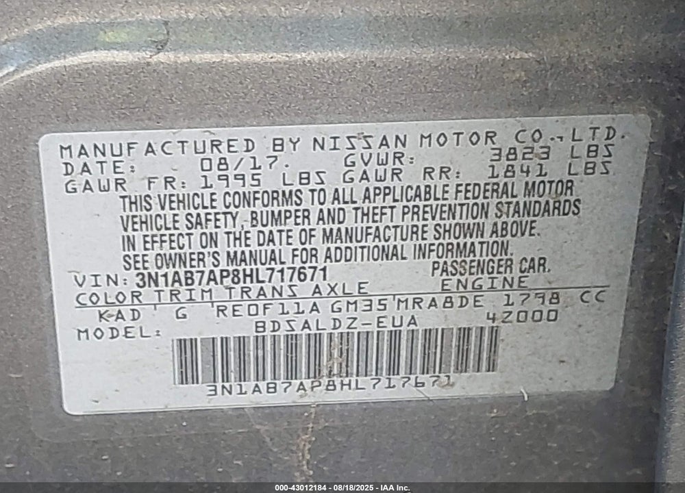 2017 NISSAN SENTRA VIN: 3N1AB7AP8HL717671