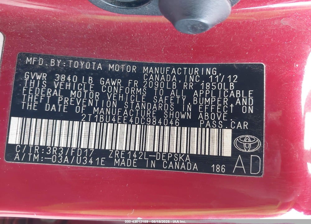 2013 TOYOTA COROLLA VIN: 2T1BU4EE4DC984046