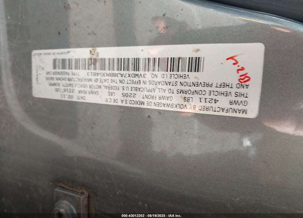 2011 VOLKSWAGEN JETTA VIN: 3VWDX7AJ8BM354813