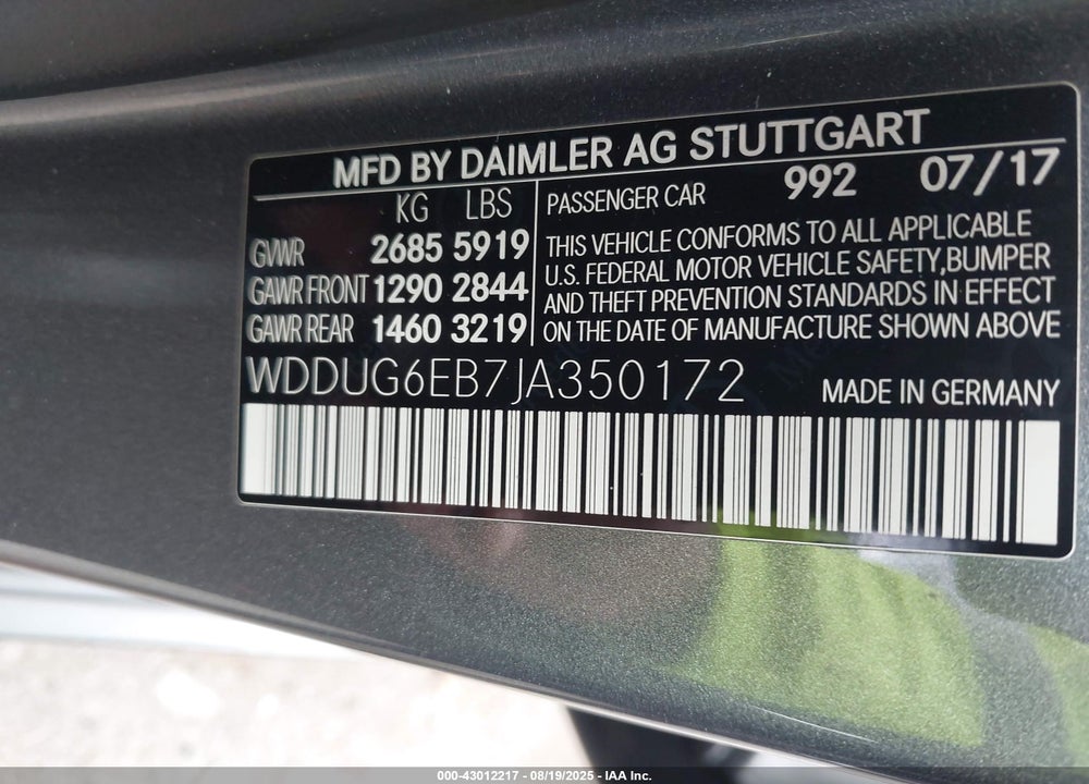 2018 MERCEDES-BENZ S CLASS VIN: WDDUG6EB7JA350172