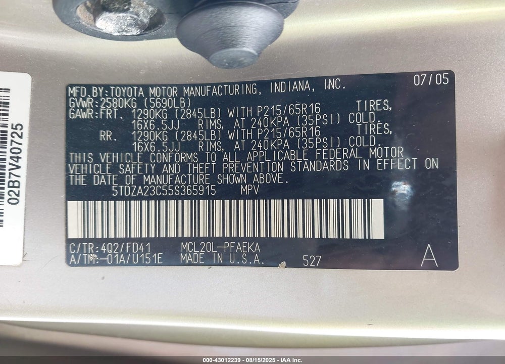 2005 TOYOTA SIENNA CE VIN: 5TDZA23C55S365915