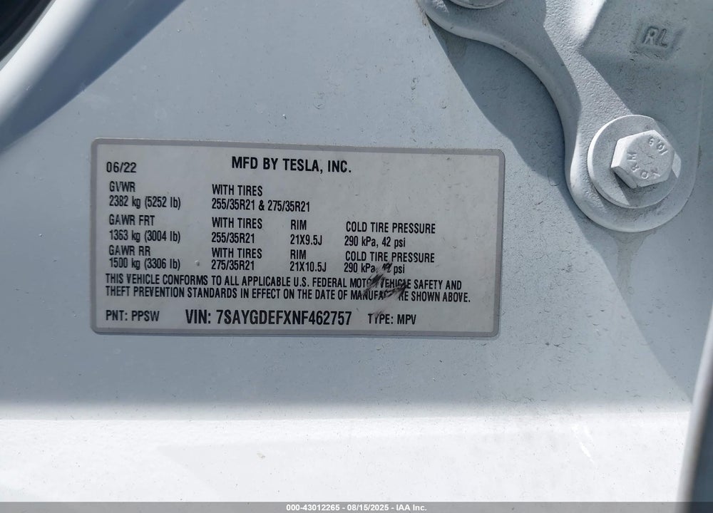 2022 TESLA MODEL Y VIN: 7SAYGDEFXNF462757