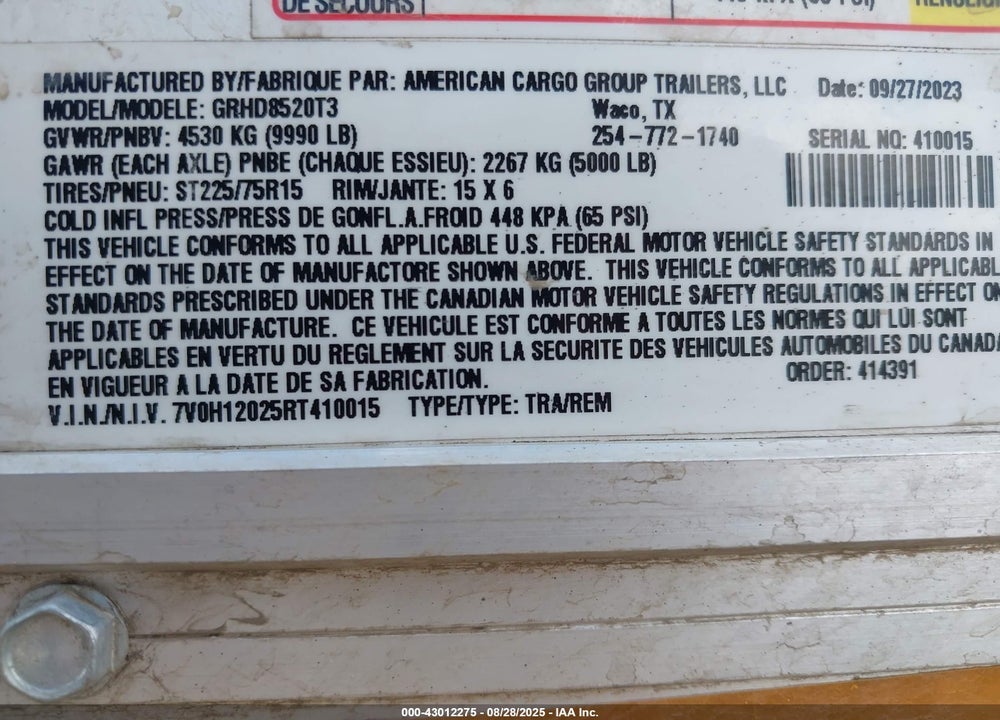 2024 AMERICAN CARGO GRP INC ENCLOSED VIN: 7V0H12025RT410015