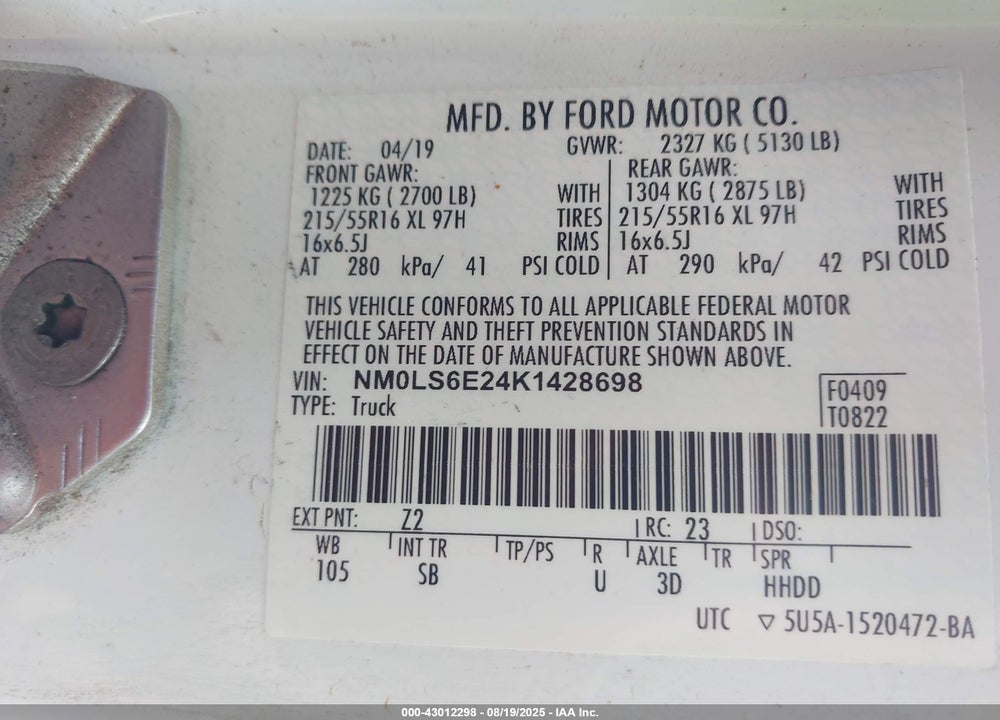 2019 FORD TRANSIT CONNECT XL VIN: NM0LS6E24K1428698