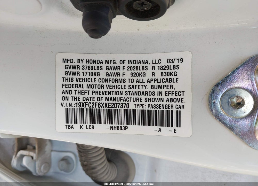 2019 HONDA CIVIC VIN: 19XFC2F6XKE207370