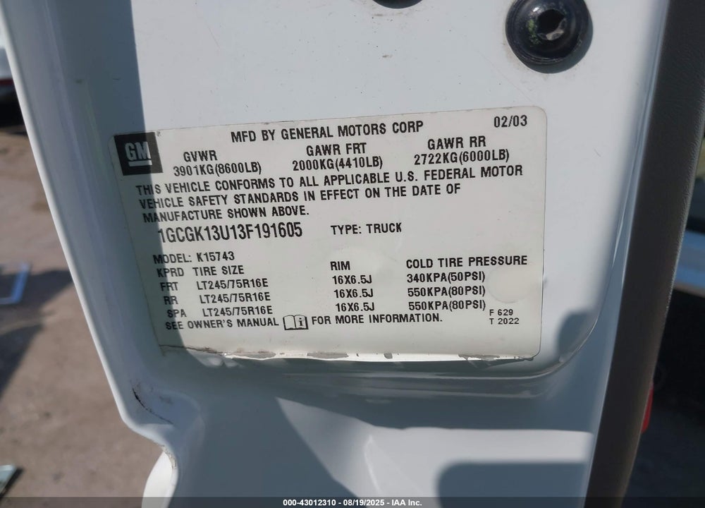2003 CHEVROLET SILVERADO 1500HD LS VIN: 1GCGK13U13F191605