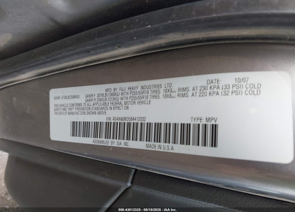 2008 SUBARU TRIBECA VIN: 4S4WX96D584412032