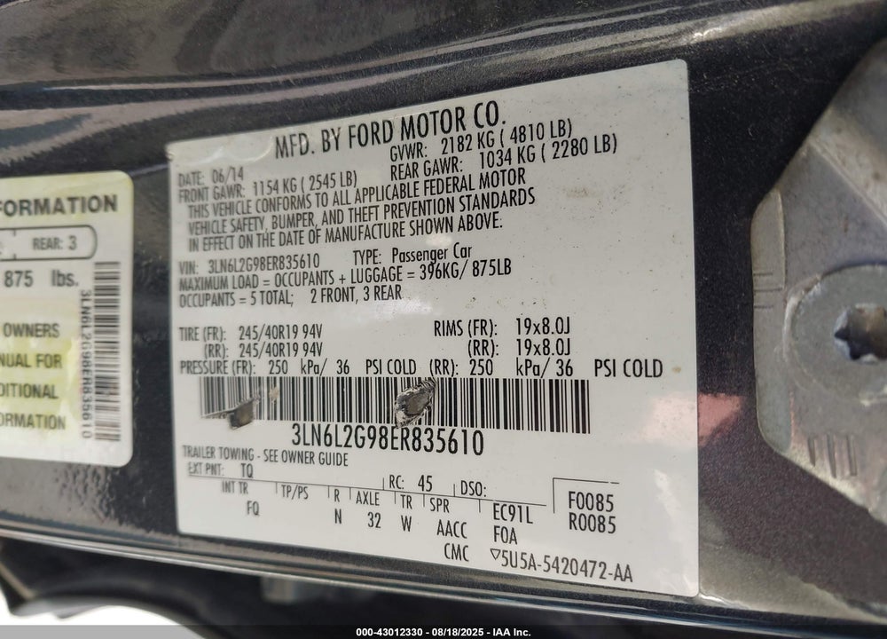 2014 LINCOLN MKZ VIN: 3LN6L2G98ER835610