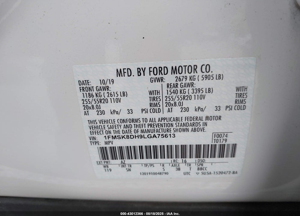 2020 FORD EXPLORER XLT VIN: 1FMSK8DH9LGA75613