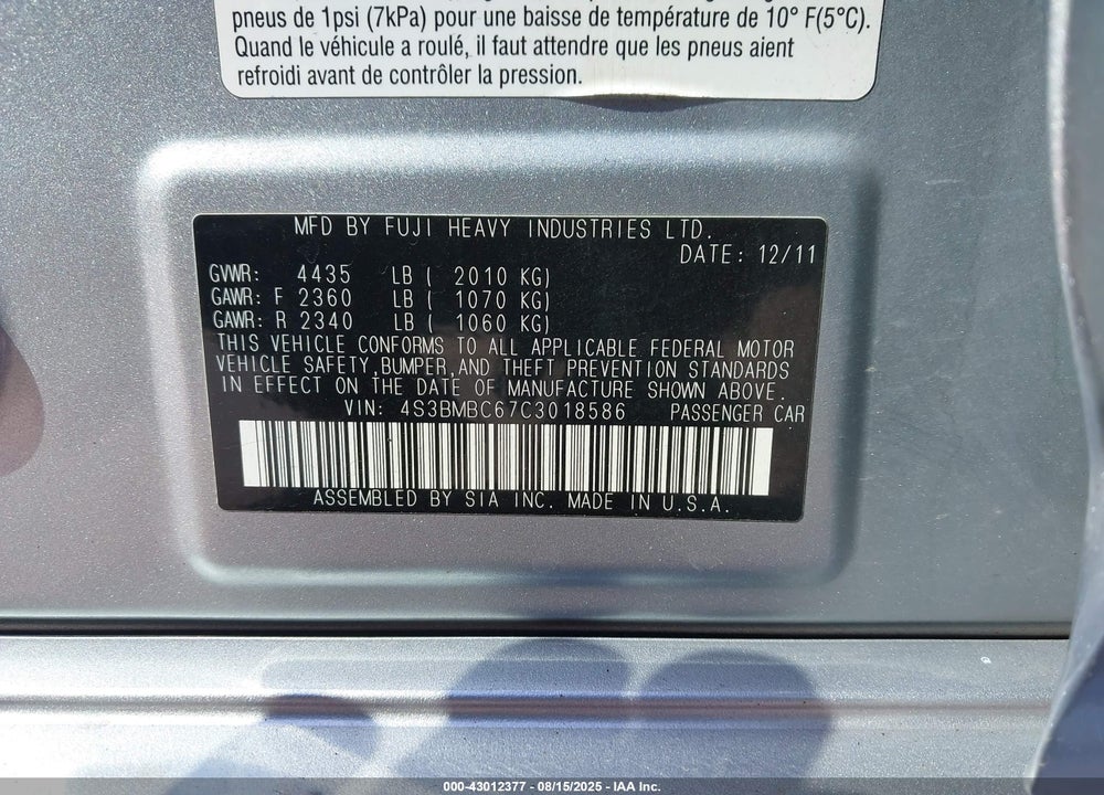 2012 SUBARU LEGACY VIN: 4S3BMBC67C3018586