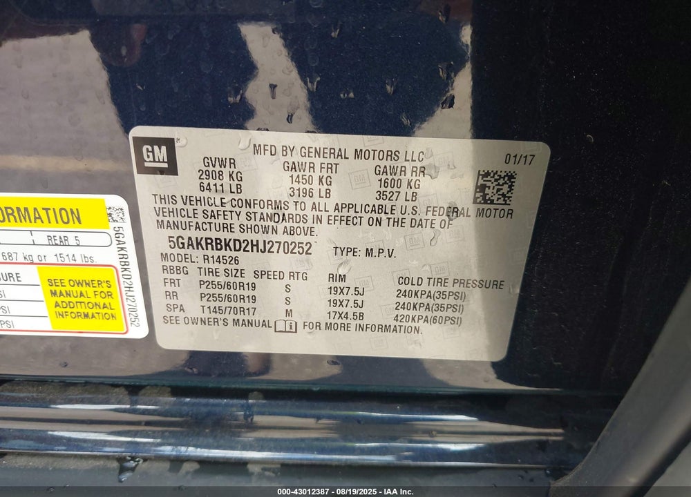 2017 BUICK ENCLAVE VIN: 5GAKRBKD2HJ270252