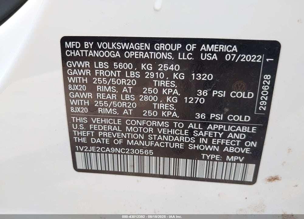 2022 VOLKSWAGEN ATLAS CROSS SPORT VIN: 1V2JE2CA9NC230565