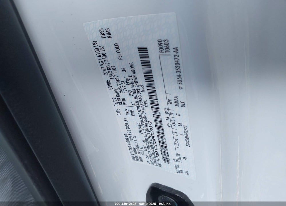 2022 FORD F-150 VIN: 1FTMF1CB2NKD90372