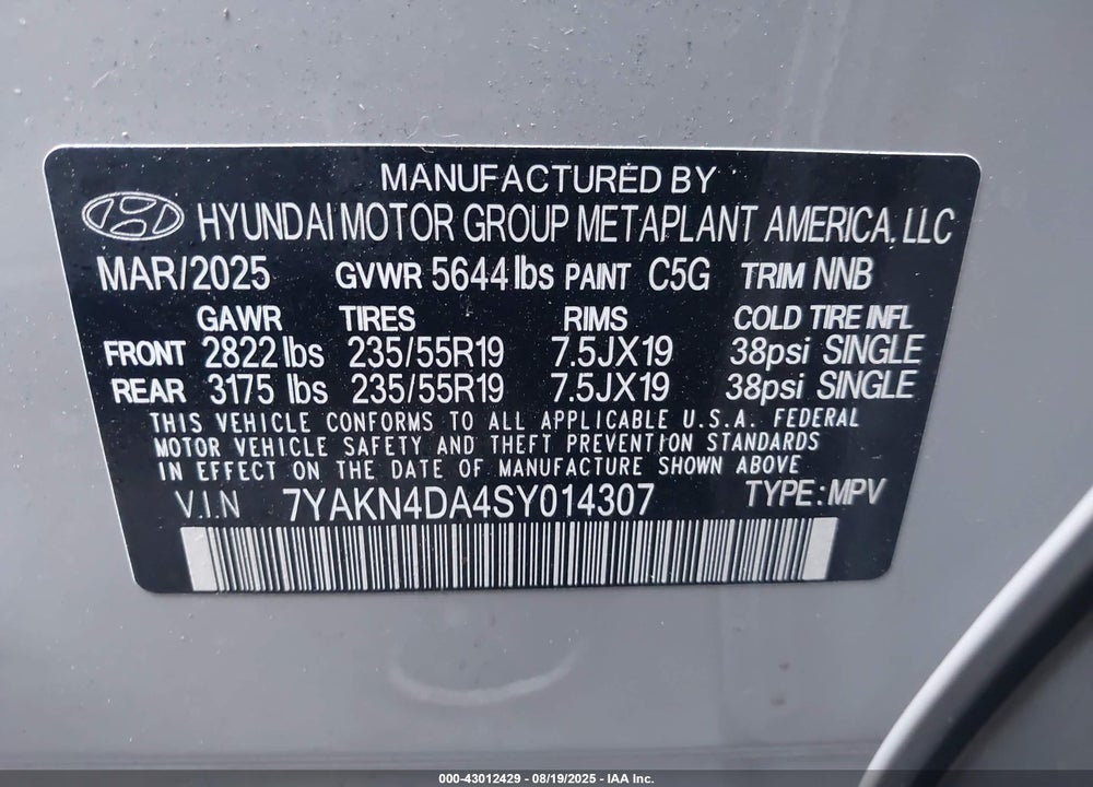 2025 HYUNDAI IONIQ 5 VIN: 7YAKN4DA4SY014307