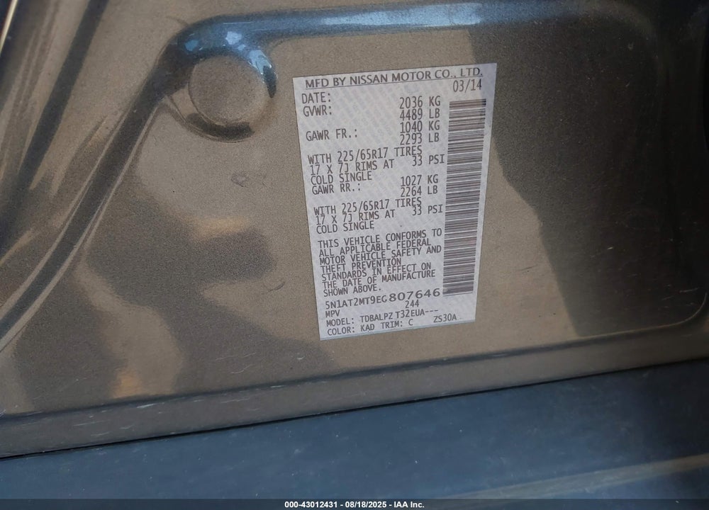 2014 NISSAN ROGUE VIN: 5N1AT2MT9EC807646