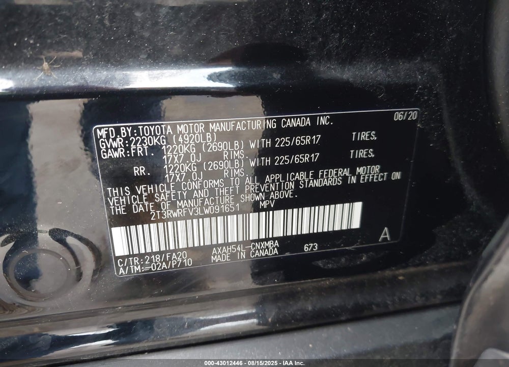 2020 TOYOTA RAV4 HYBRID XLE VIN: 2T3RWRFV3LW091651