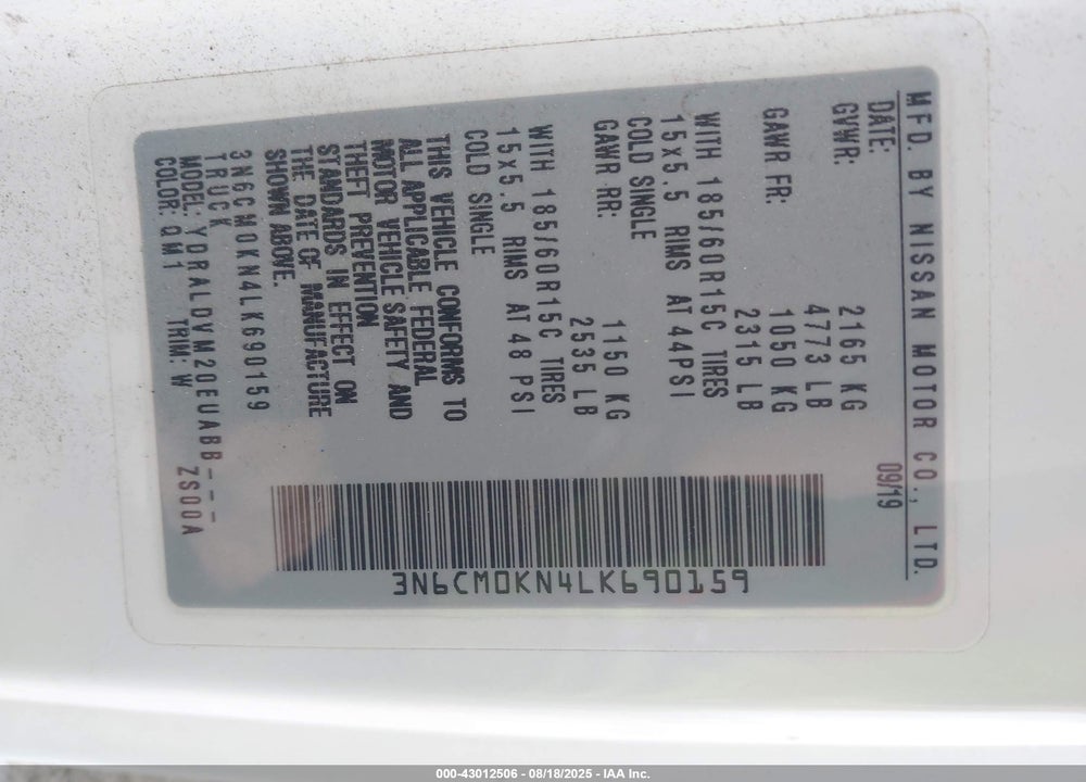 2020 NISSAN NV200  CARGO S XTRONIC CVT VIN: 3N6CM0KN4LK690159
