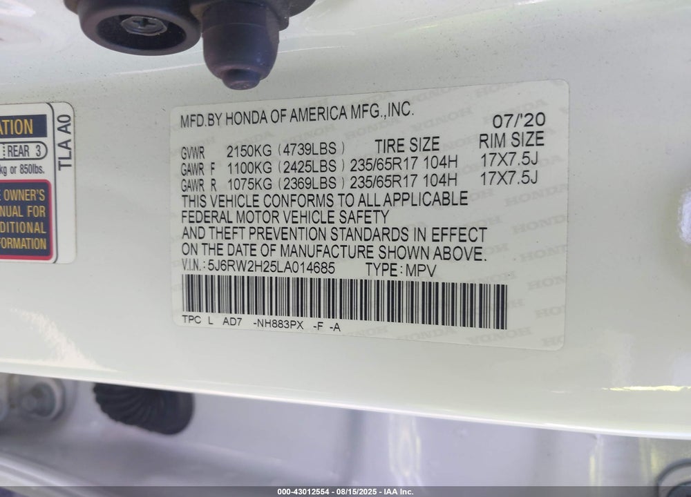 2020 HONDA CR-V VIN: 5J6RW2H25LA014685