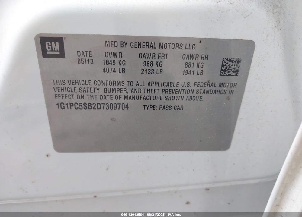 2013 CHEVROLET CRUZE VIN: 1G1PC5SB2D7309704