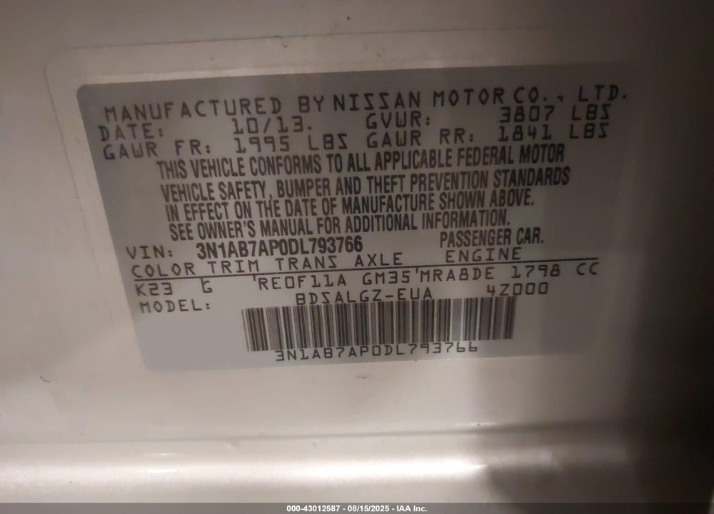 2013 NISSAN SENTRA SL VIN: 3N1AB7AP0DL793766