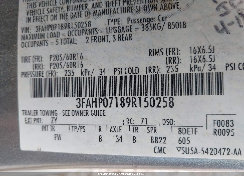 2009 FORD FUSION SE VIN: 3FAHP07189R150258